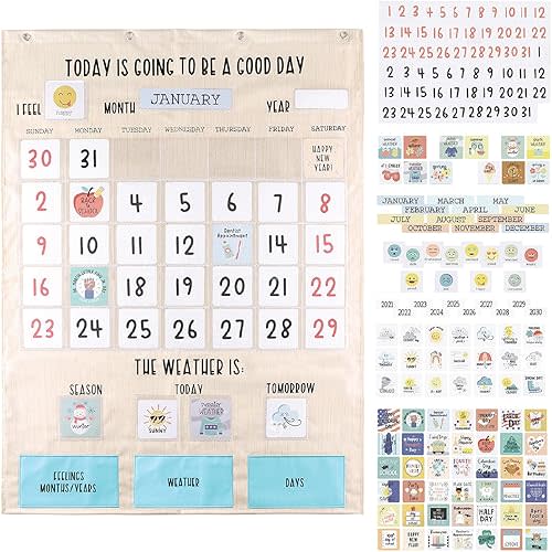 The Peanutshell Learning Calendar Wall Chart - Homeschool Supplies, Interactive Pocket Chart for Toddlers & Kids - Preschool Learning Activity Board, Circle Time Board for Classroom - Good Day
