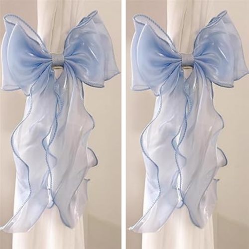 2 Pack French Silky Bow Curtain Tiebacks, Elegant Lace Ribbon for Curtains Decorative Rope Accessories Home Décor (Blue,2)
