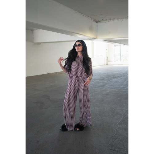 Women's Bamboo Crop Tee Lounge Set | Maroon Stripe