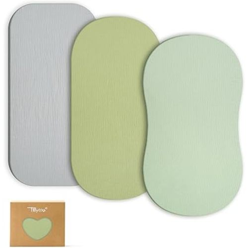 TILLYOU Muslin Bassinet Sheets for Baby Boys Girls 3 Pack, Soft Breathable Elastic Cotton Bassinet Mattress Sheets, Fit Hourglass Oval Rectangle Cradle Mattress, 33"X17",Grey Green