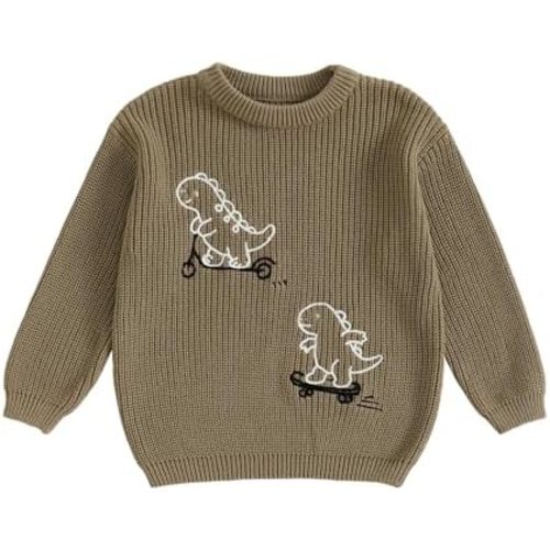 WZTYYDS Toddler Kids Baby Boy Fall Sweater Clothes 2T 3T 4T Loose Fit Dinosaur Ribbed Long Sleeve Knitted Winter Tops