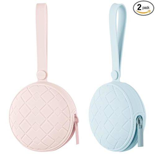2 Pack Silicone Pacifier Holder Case, Baby Pacifier Holder Pouch for Newborn, Boys and Girls, Portable Silicone Pacifier Bags (Delicacy+Sea Blue)