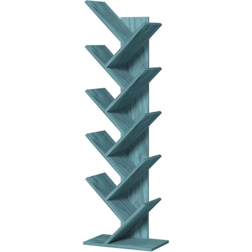 10 Tier Tree Book Shelf, Floor Standing Wood Bookshelf for Narrow Space, Storage Organizer Bookshelves for Books/CDs/Magazine, Bookcase with Shelves for Home Office, Living Room - Blue