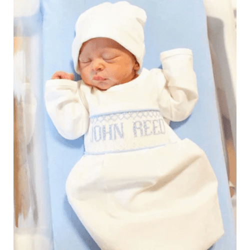Blue Baby Snuggles - Custom Smocked Pima Gown and Hat