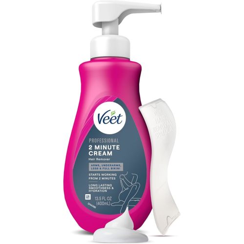 Veet Professional 2 Minute Cream for All Skin Types with Shea Butter, Full Bikini & Pubic Hair Removal, Dermatologically Tested, 13.5 FL OZ Bottle w/Spatula