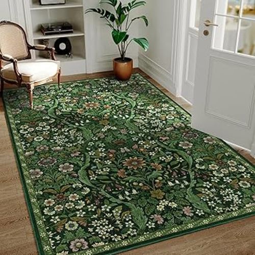 4x6 Dark Green Floral Boho Area Rug,Low-Pile Stain Resistant Non-Slip Machine Washable Carpet for Living Room,Bedroom, Kitchen,Entryway,Dining Room, Nursery