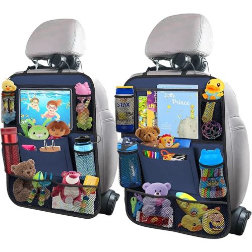Car Backseat Organizer with 11" Table Holder, 10 Storage Pockets Seat Back Protectors Kick Mats for Kids Toddlers, Travel Accessories, 2 Pack, Blue