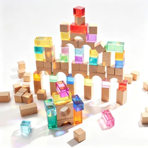 Dinhon 100Pcs Wooden & Transparent Acrylic Building Blocks Set, Beech Wood Stacking Blocks with Storage Bag, Sensory Light Construction Toy, Montessori Educational Gift for Toddler Kids 2-6 Years Old