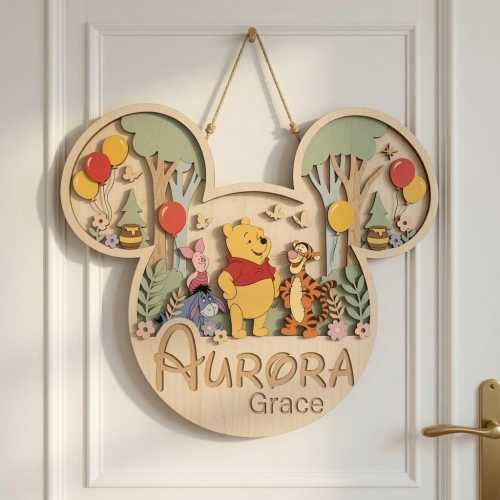 Personalized Disney Winnie the Pooh Door Sign, Pooh Bear Nursery Decor, Custom Wooden Name Plaque, Baby Room Gift