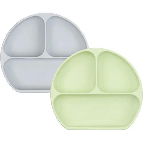 Bumkins Toddler and Baby Suction Plate, Silicone Divided Grip Dish for Babies and Kids, Baby Led Weaning, Children Feeding Supplies, Non Skid Bottom, Platinum Silicone, 6 Months Up, Gray and Sage