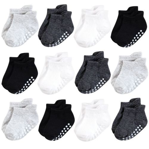 Hudson Baby Infant Boys Non-Skid No-Show Socks, Black White, 6-12 Months