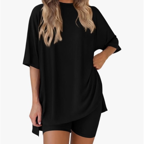 PRETTYGARDEN Women 2 Piece Lounge Set 2026 Summer Casual Oversized Shirts Biker Shorts Matching Airport Travel Outfit Clothes