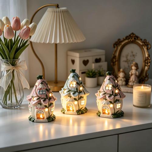 Hand-Painted Ceramic House Lamp, Floral Roof Cottage Night Light, Boho Bedside Decor