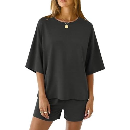 LOMON Two Piece Sets for Women Summer 3/4 Sleeve Tops and Elastic Waist Shorts Pajamas Cute Comfy Soft Lounge Striped Pjs