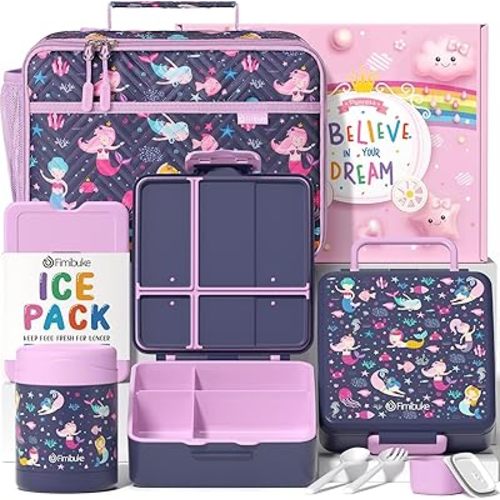 Fimibuke Kids Bento Snack Lunch Box with 4 Compartment, Insulated Lunch Bag, Stainless Steel Vacuum Thermo Food Jar, Ice Pack, Utensils Set, Birthday Gifts for Age 3-12 Back to School Toddler Girl Boy
