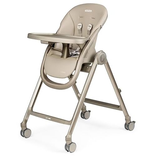 Peg Perego Living, Grow with Baby Folding High Chair & Recliner, Height Adjustable, Quick Clean & Easy Push Wheels for Babies & Toddlers, Made in Italy, Space Sand