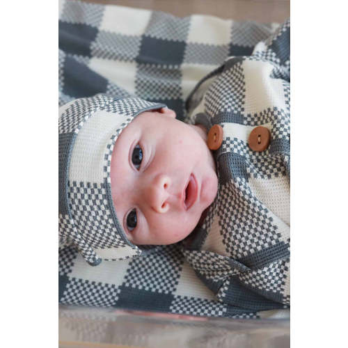 Big Check Bamboo Waffle Newborn Baby Knot Gown & Hat Set in Denim | Caden Lane