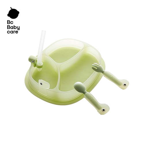 Bc Babycare Baby Dinosaur Silicone Suction 2-in-1 Plate with Straw, Spill Proof, BPA-Free Bowl, Training & Feeding Divided Grip Dish with Straw, Green