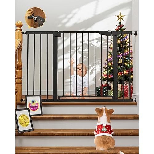 Cumbor 29.7-48" Baby Gate for Stairs, Mom's Choice Awards Winner-Dog Gate for Doorways, Auto Close Safety Pet Gate for Dogs Indoor, Easy Install Pressure Mounted Child Gate with Walk Thru Door, Black