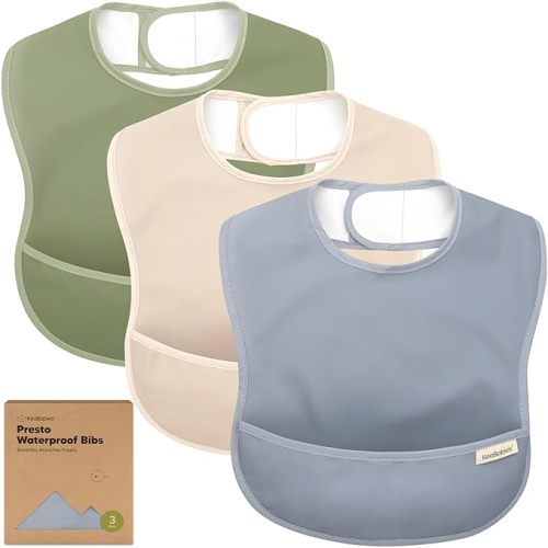 3-Pack Waterproof Baby Bibs for Eating - Lightweight Toddler Feeding Bibs with Large Food Catcher, Mess Proof, Food-Grade Baby Eating Essentials, Easy to Put On & Clean (Slate)