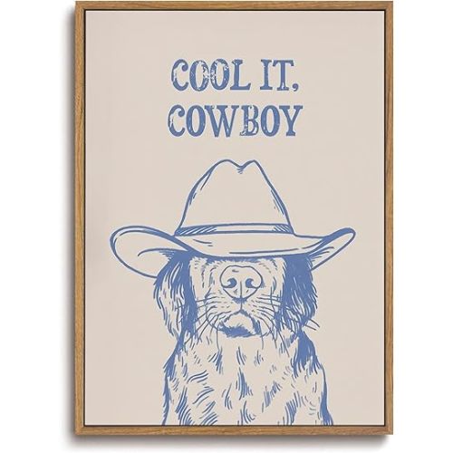 ZZLWBKGL Framed Vintage Cowboy Wall Art Western Wall Decor Funny Animal Canvas Art Funky Dog Pictures Trendy Blue Paintings Cool It Cowboy Artwork For Living Room Bathroom Nursery