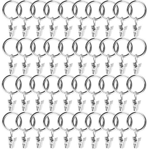 WMYCONGCONG 40 PCS 4mm Thicken Curtain Rings with Clips 1 in Inner Diameter Decorative Drapery Window Curtain Ring with Clip Rustproof Hangers Drapes Ring, Fits up to 5/8 Inch Curtain Rod, Silver