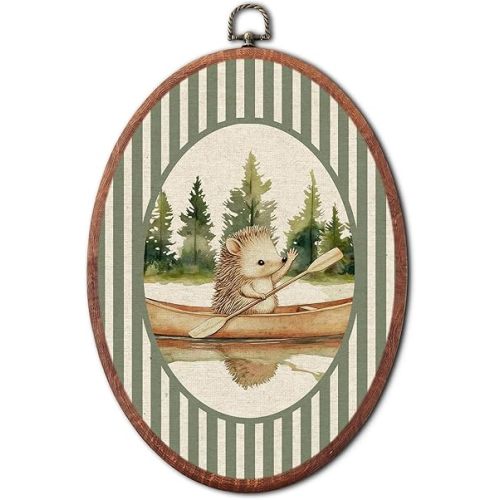 VALTRIXA Vintage Hedgehog Canoe Nursery Oval Wall Art, Retro Woodland Animal Decor Wall Art Hanging Decor, Green Striped Canvas Prints Framed for Bedroom Playroom Decoration, 8.6x11.4 Inch