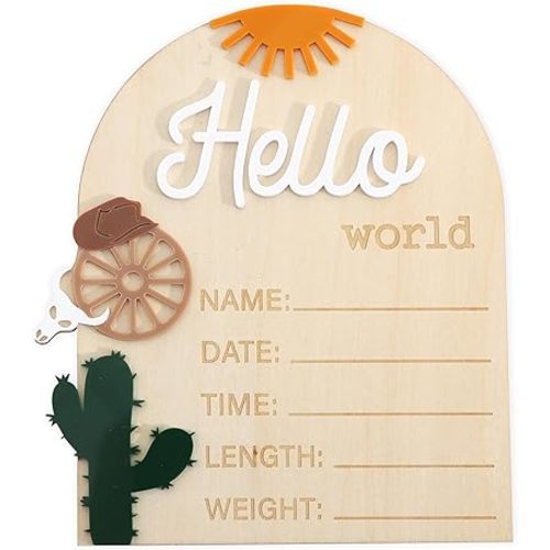 Wooden "Hello World" Baby Announcement Board - Newborn Birth Sign, Baby Shower Decor, Hospital Nursery Information Board, Baby Milestone Photo Prop, Gender Neutral Keepsake (Cowboy Hat Sun Cactus)