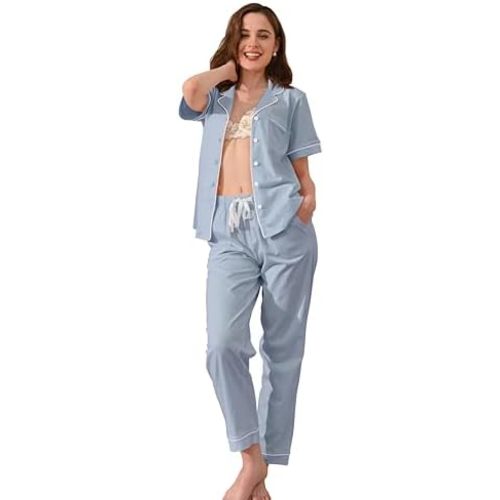 NAP BOUND 100% Cotton Women's Pajama Sets Short Sleeve Button Down Soft Pjs 2 Piece Lounge Set with Pocket Nightwear XS-XXL