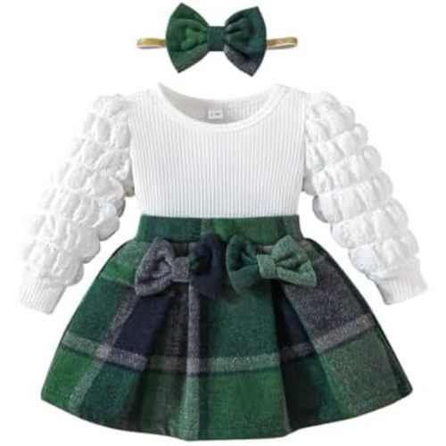 Toddler Baby Girl Plaid Dress Puff Sleeve Bow Patchwork Ribbed Shirts Dress Plaid Fall Winter Outfits with Headband