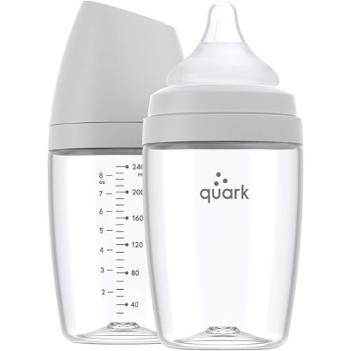 BuubiBottle Max Slow Flow Bottle for Newborn Babies by Quark - with Anti-Colic RealFeel Nipple to Simulate Breastfeeding - BPA-Free, PVC-Free, Toxin-Free - 8 Oz Bottle with Lid, 2 Pack - Gray