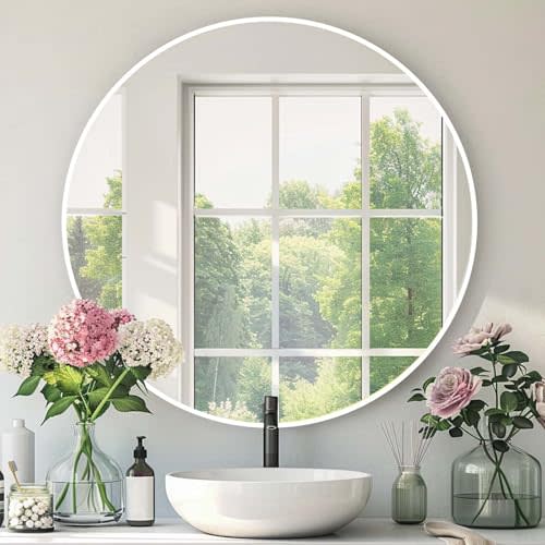 Round White Mirror 28 Inch, Matte White Frame, Large Circle Mirror | Metal Frame, Circular Wall Mounted Mirrors for Bathroom, Living Room,Entryway,Bedroom,Hallway,Dining Room,High Definition