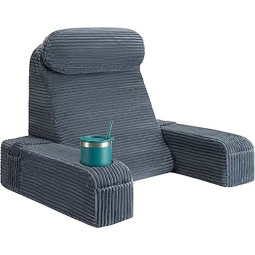 Reading Pillow for Adults, Back Pillow for Bed Sitting Up, Backrest Pillow for Sitting in Bed, Detachable Arms with Built-in Cup & Phone Caddy (Dark Gray-Corduroy, 21 INCH)