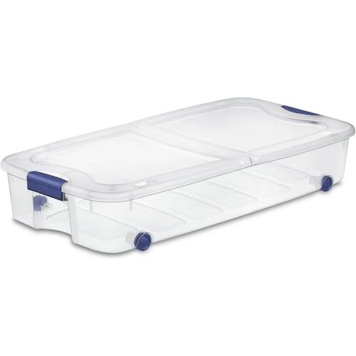 66 Quart Wheeled Latch Box, Clear Underbed Storage Bin with Lid, Blue