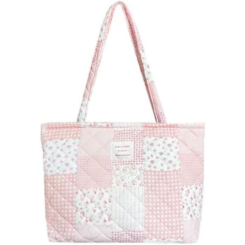 Small Floral Quilted Tote Bag with Zipper Closure for Women Girls
