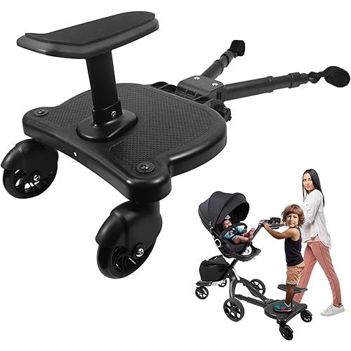 Universal Stroller Board, Black Buggy Board, Holds Children Up to 55lbs with Detachable Seat, 2in1 Sit and Stand Stroller Glider Board,Stroller Standing Board for Most Strollers, Stroller Rider Board