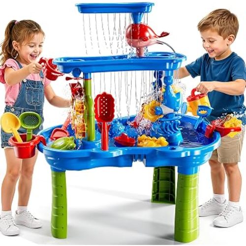 JUKUDAHU 3-Tier Sand and Water Table Toys for Kids Aged 3 4 5 6 7 8, Outdoor Activity Playset Sensory Play Table with Beach Toys Accessories Water Waterfall, Birthday Gifts for Toddlers 3-4 3-5 4-6