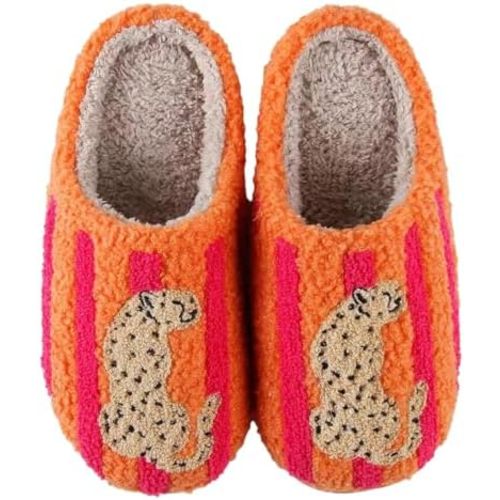Women's Men's Happy Face Heart-shaped Cat Slippers - Retro Leopard Print, Memory Foam, Soft Plush, Warm, Anti-Slip Home Shoes