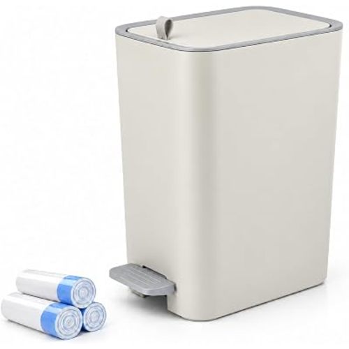 Small Bathroom Trash Can with Lid, 2.1 Gallon Slim Step Trash Can, Cream