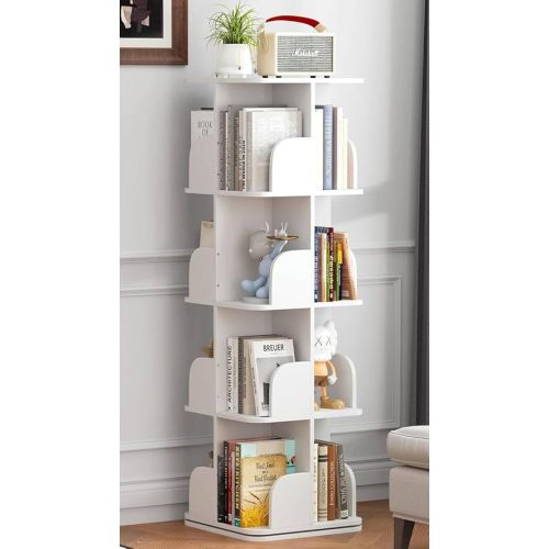 Turosur Rotating Bookshelf Tower, 4 Tier Spinning Square Bookshelf for Small Spaces, 360 Display Kids Bookshelves, Revolving Bookcase Floor Standing Storage Rack, White