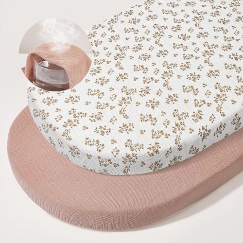 Basumee Muslin Bassinet Sheets for Baby Girl Boy 2 Pack Soft Breathable Baby Bedside Bassinet Fitted Sheets with Bottom Elastic Band Mattress Cover for Rectangle Oval Hourglass Bassinets (Brown Flower)