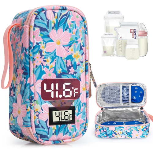 SUNMON Breast Milk Cooler Travel Bag, Real-Time Temperature Display, Holds 4-6 Breastmilk Storage Bag with 2 Breast Milk Ice Pack, Cooling & Waterproof Portable Cooler for Moms on The Go(Pink Flower)