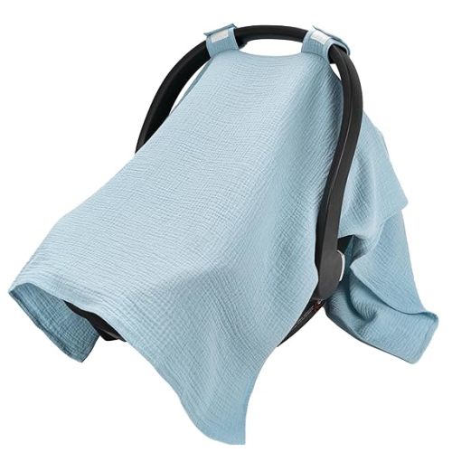 SERAPHY 100% Muslin Cotton Car Seat Cover Baby, Universal Carseat Covers, Breathable Baby Car Seat Canopy for Boys Girls, Soft Infant Car Seat Cover for Summer —Blue