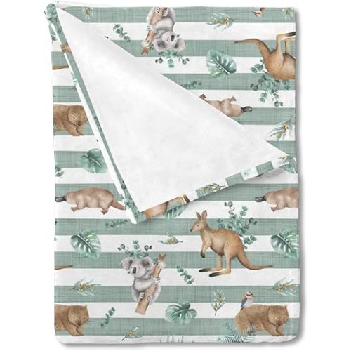HawSkgFub Australian Animals Stripe Neutral Baby Boy Girl Blanket, Kangaroo Koala Flannel Fleece Nursery Bed Swaddle Receiving Blankets, Green Leaves Soft Newborn Toddler Infant Kid Crib Bedding 30x40