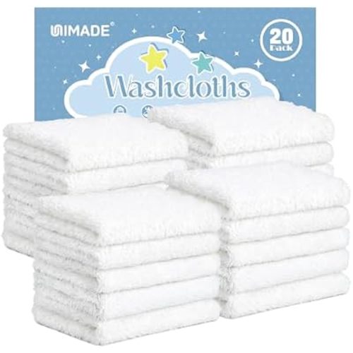 UNIMADE Baby Washcloths, 20 Pack Microfiber Coral Fleece Wash Cloths, Extra Absorbent Baby Towels for Newborns, Infants and Toddlers, Gentle on Sensitive Skin for Face and Body - 7" × 9", White