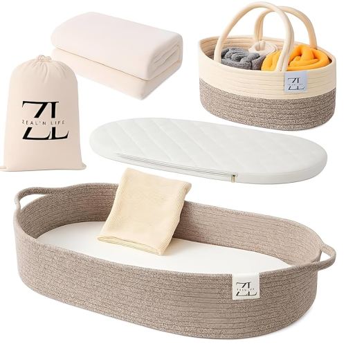 ZEAL'N LIFE Baby Changing Basket for Baby Dresser with Caddy Basket, Baby Blanket & Waterproof Changing Pad, Moses Basket for Babies (Brown) (Dark Brown)
