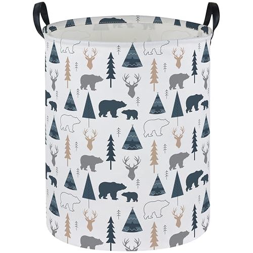 ESSME Kids Laundry Basket,Bear Hamper Collapsible Canvas Waterproof Storage Bin forBoys, Woodland Hamper,Gift Baskets(Bear)