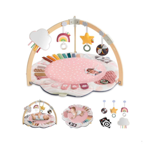 Blissful Diary Baby Play Gym & Activity Mat, 5 Developmental Zones Wooden Tummy Time Mat with 5 Detachable Sensory Toys for Motor Skills & Sensory Development, Baby Essentials Shower Gift, Pink Flower
