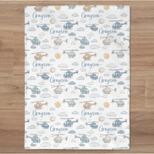 Personalized Helicopter Swaddle Blanket For Baby Shower, Custom Aviation Newborn Baby Boy Gift, Sky Toddler Name Blanket, Coming Home Outfit