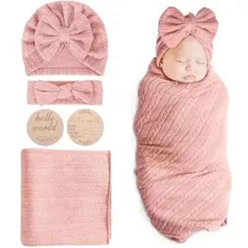 DRESHOW BQUBO Baby Swaddle Blankets for Girls, 4PCS Newborn Accessories Set with Matching Hat and Bow Headband with Card